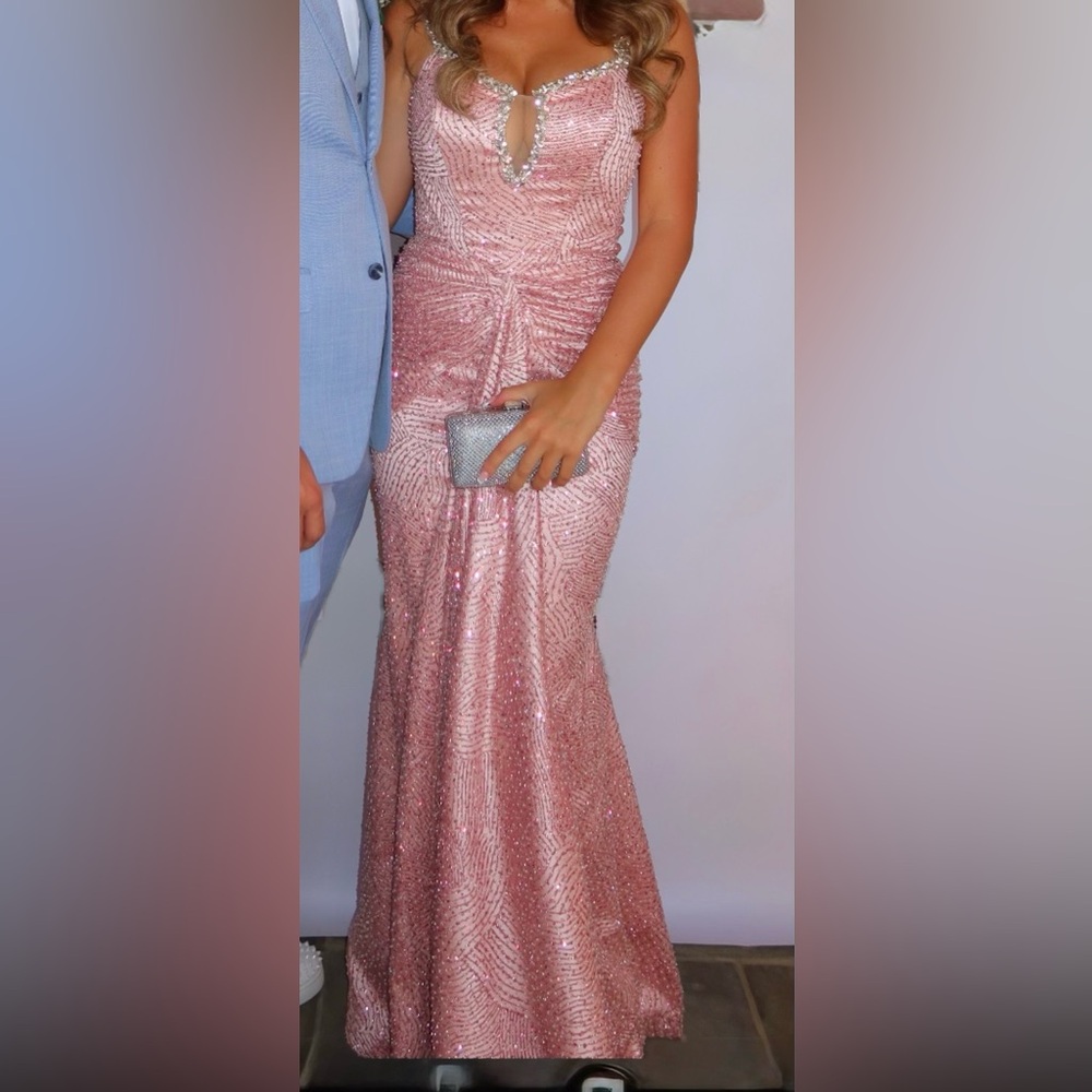 Custom made in NYC Pink Sequin Evening Gown with Crystal Trim. Size 6.
